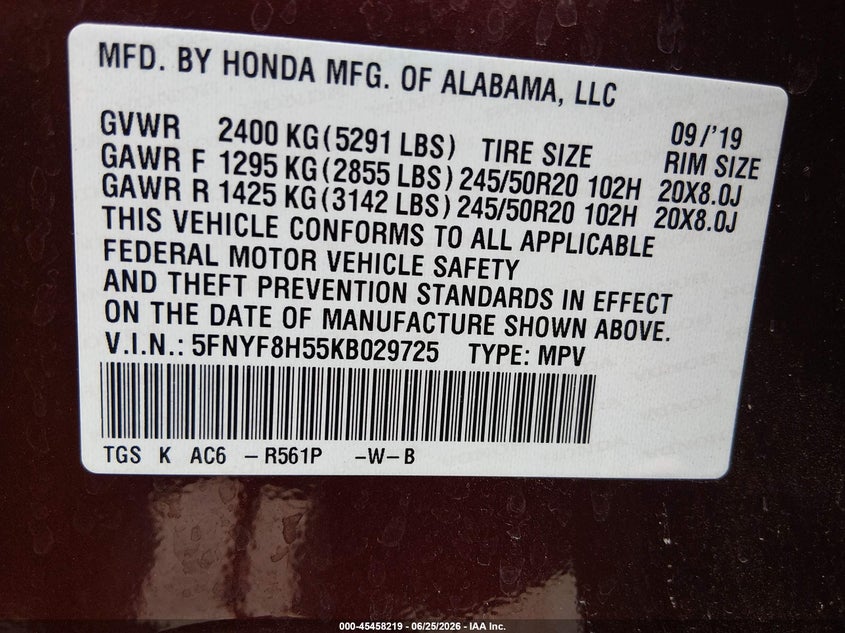 2019 Honda Passport Ex-L VIN: 5FNYF8H55KB029725 Lot: 45458219