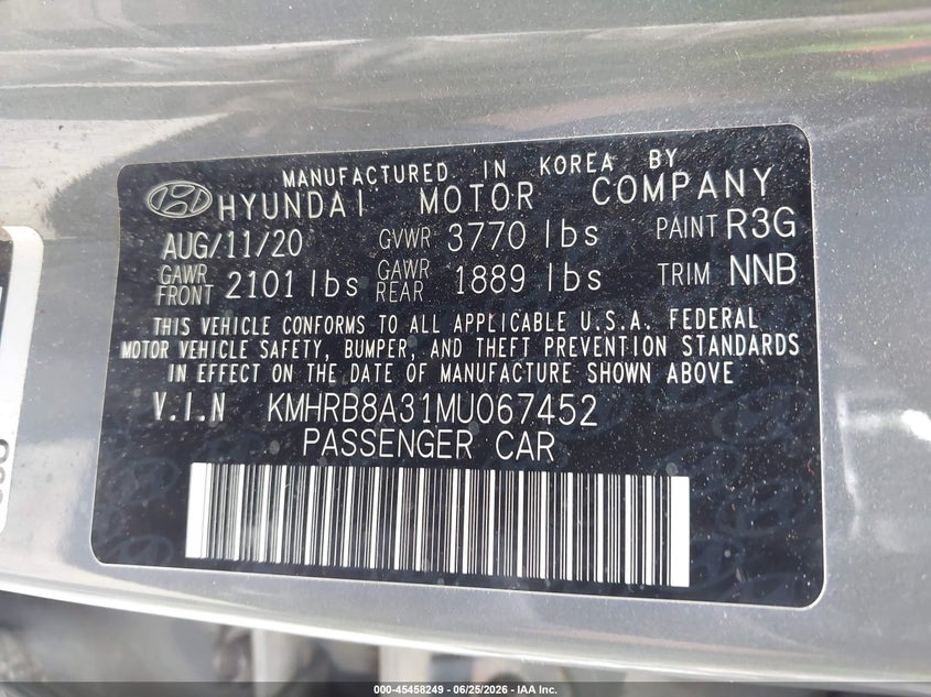 2021 Hyundai Venue Se VIN: KMHRB8A31MU067452 Lot: 45458249