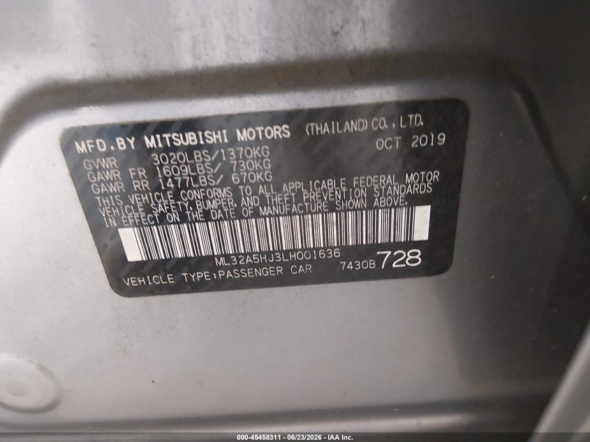 2020 Mitsubishi Mirage Le VIN: ML32A5HJ3LH001636 Lot: 45458311