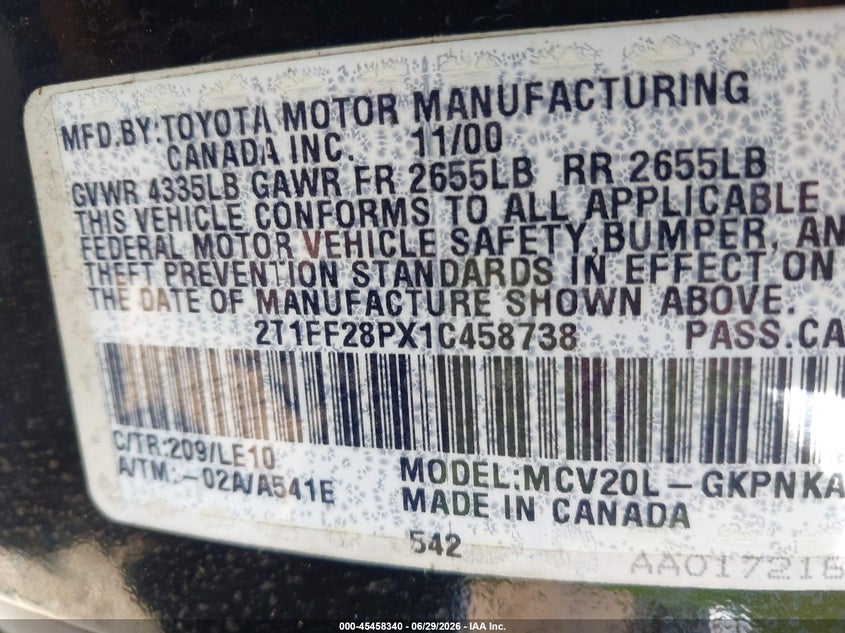 2001 Toyota Camry Solara Sle V6 VIN: 2T1FF28PX1C458738 Lot: 45458340