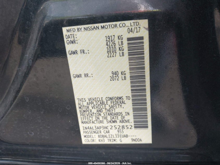 2017 NISSAN ALTIMA SEDAN 2.5L I-4 DOHC, VVT, 179HP