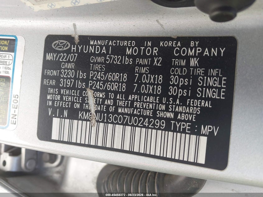 2007 Hyundai Veracruz Gls/Limited/Se VIN: KM8NU13C07U024299 Lot: 45458372