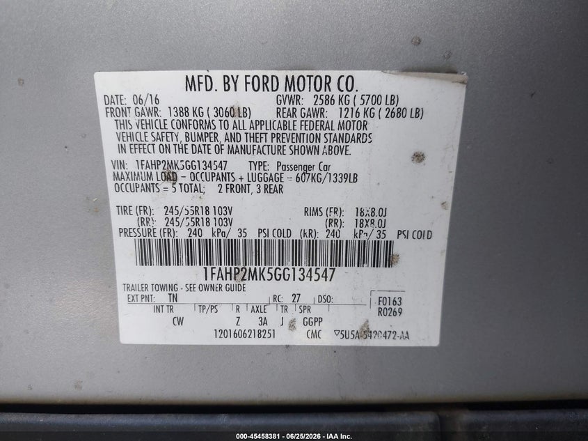 2016 Ford Police Interceptor VIN: 1FAHP2MK5GG134547 Lot: 45458381