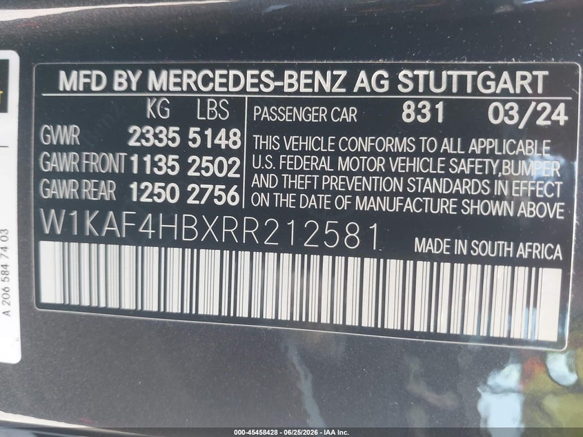 2024 Mercedes-Benz C 300 VIN: W1KAF4HBXRR212581 Lot: 45458428