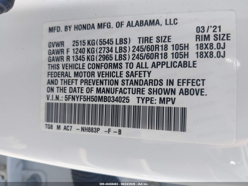 HONDA PILOT 2021 VIN 5FNYF5H50MB034025