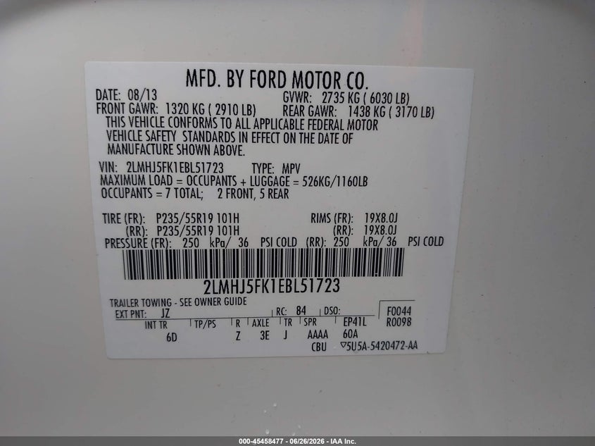 2014 Lincoln Mkt VIN: 2LMHJ5FK1EBL51723 Lot: 45458477