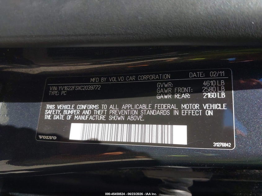 2012 Volvo S60 T5 VIN: YV1622FSXC2039772 Lot: 45458524