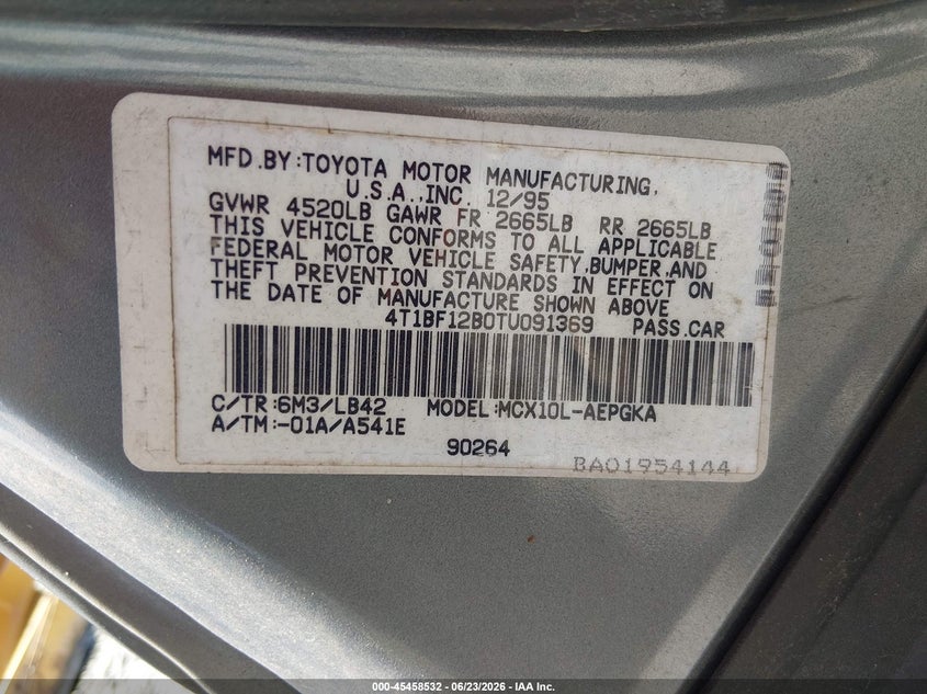 1996 TOYOTA AVALON SEDAN 3.0L V6 FI 24V F4