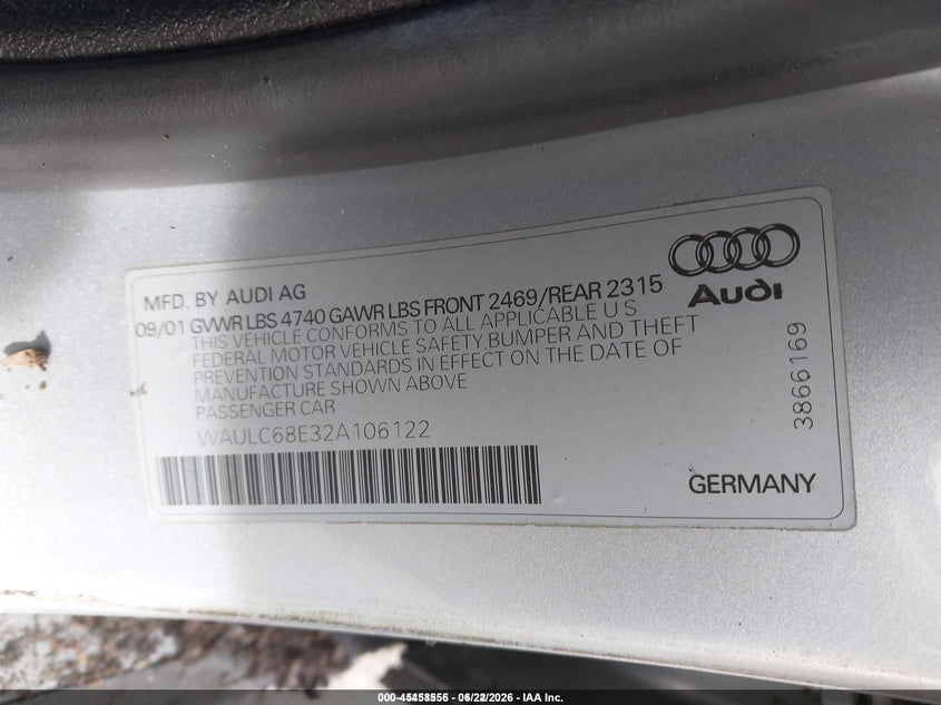 2002 Audi A4 1.8T VIN: WAULC68E32A106122 Lot: 45458556