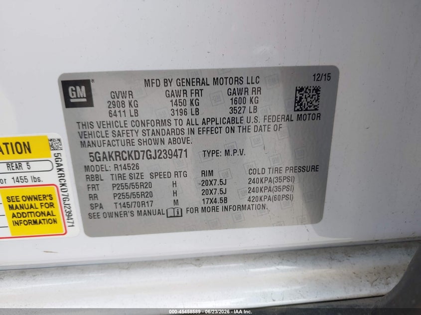2016 Buick Enclave Premium VIN: 5GAKRCKD7GJ239471 Lot: 45458589
