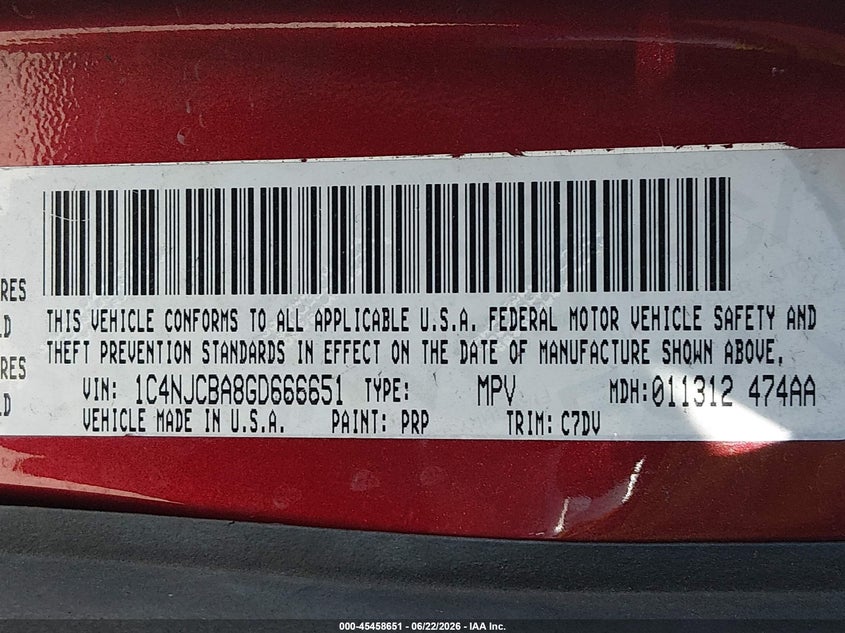2016 Jeep Compass Sport VIN: 1C4NJCBA8GD666651 Lot: 45458651