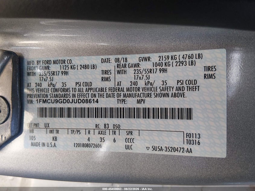 2018 Ford Escape Se VIN: 1FMCU9GD0JUD08614 Lot: 45458663