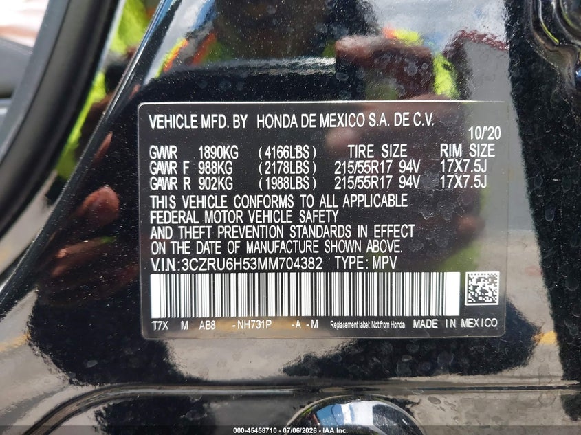 HONDA HR-V 2021 VIN 3CZRU6H53MM704382