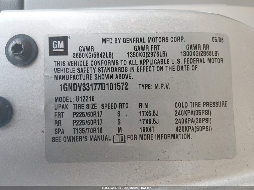2007 Chevrolet Uplander Lt W/1Lt VIN: 1GNDV33177D101572 Lot: 45458730