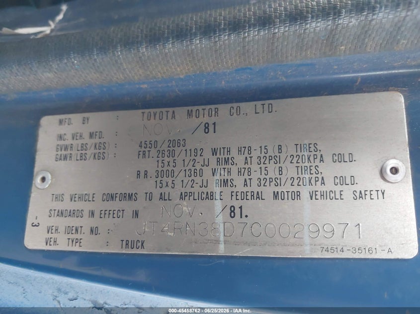 1982 Toyota Pickup Rn38 VIN: JT4RN38D7C0029971 Lot: 45458762