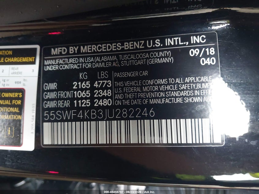 2018 Mercedes-Benz C 300 4Matic VIN: 55SWF4KB3JU282246 Lot: 45458787