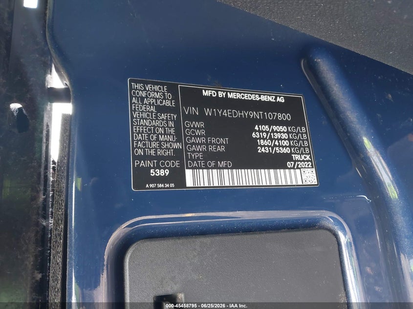 2022 Mercedes-Benz Sprinter 2500 High Roof V6 VIN: W1Y4EDHY9NT107800 Lot: 45458795