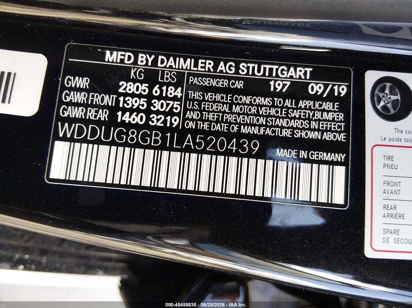 MERCEDES-BENZ S 560 2020 VIN WDDUG8GB1LA520439