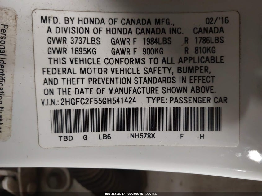 2016 HONDA CIVIC SEDAN 2.0L I-4 DOHC, VVT, 158HP
