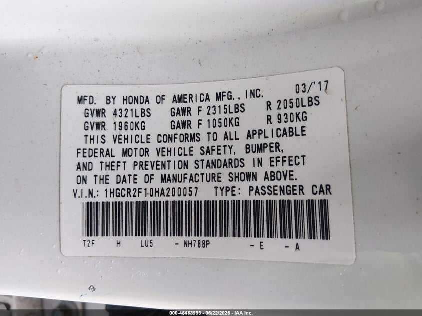 2017 HONDA ACCORD SEDAN 2.4L I-4 DI, DOHC, VVT, 189HP