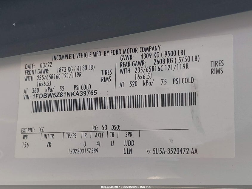 2022 FORD TRANSIT-350 CAB N/A 3.5L V-6 DI, DOHC, VVT, 275HP