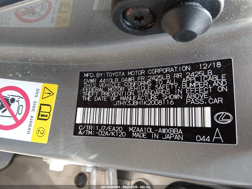 2019 Lexus Ux 200 VIN: JTHY3JBH1K2008116 Lot: 45458984