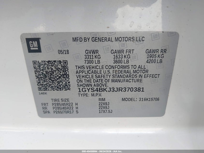 CADILLAC ESCALADE 2018 VIN 1GYS4BKJ3JR370381