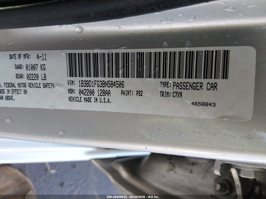 2011 Dodge Avenger Mainstreet VIN: 1B3BD1FG3BN584506 Lot: 45459033