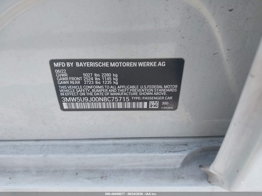 BMW M340I 2022 VIN 3MW5U9J00N8C75715