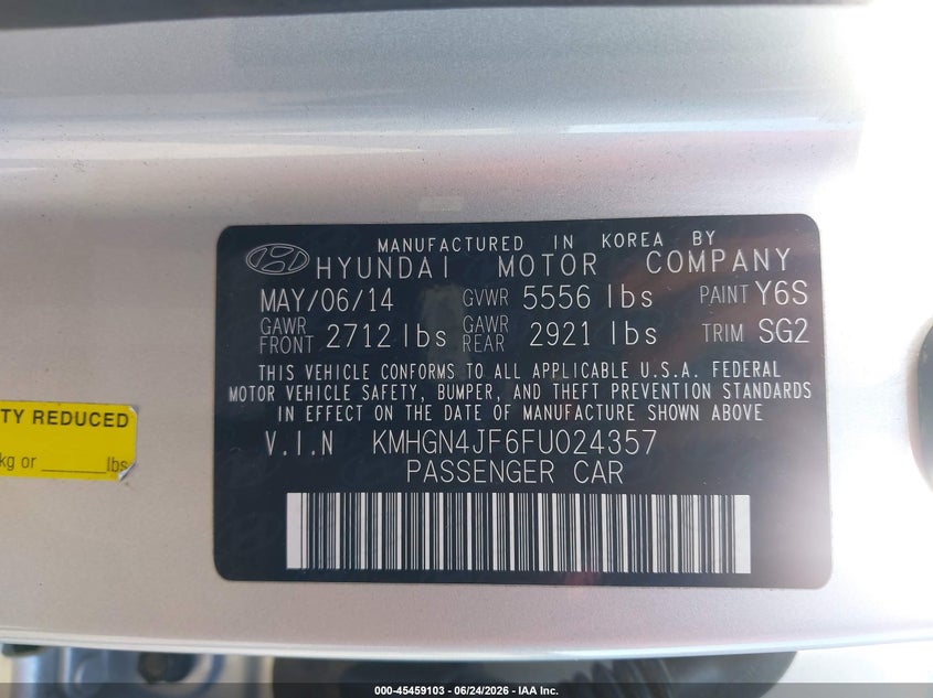 2015 Hyundai Genesis 5.0 VIN: KMHGN4JF6FU024357 Lot: 45459103