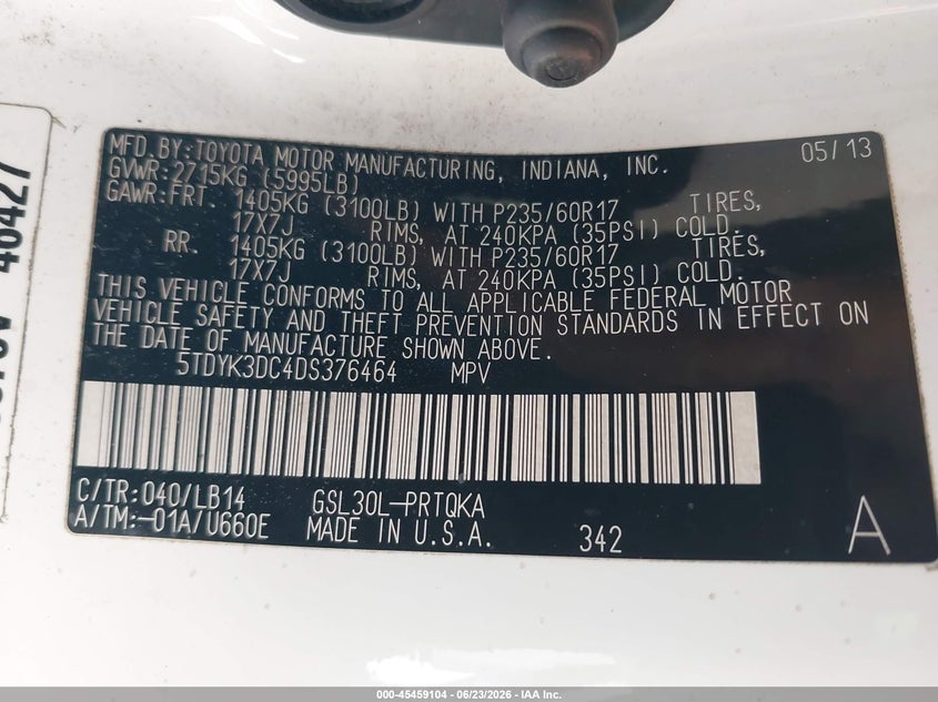 2013 TOYOTA SIENNA VAN 3.5L V-6 DOHC, VVT, 266HP
