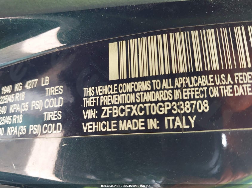 2016 Fiat 500X Trekking VIN: ZFBCFXCT0GP338708 Lot: 45459132