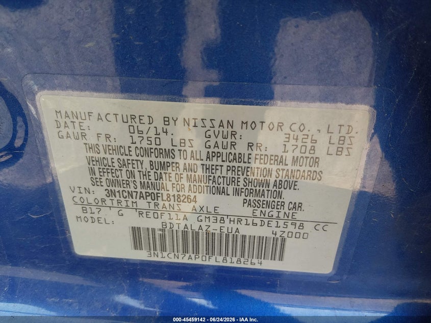 2015 Nissan Versa 1.6 S+ VIN: 3N1CN7AP0FL818264 Lot: 45459142