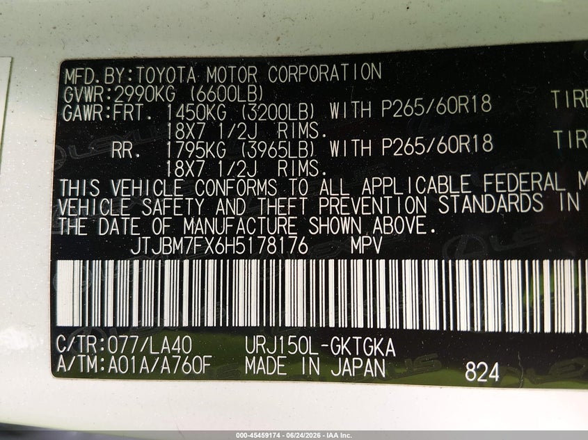 2017 Lexus Gx 460 VIN: JTJBM7FX6H5178176 Lot: 45459174