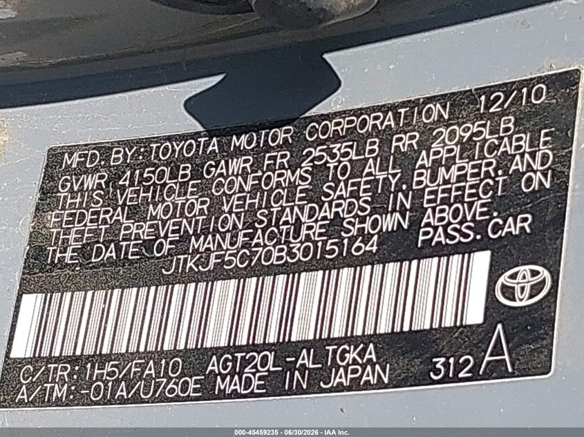 2011 Scion Tc VIN: JTKJF5C70B3015164 Lot: 45459235