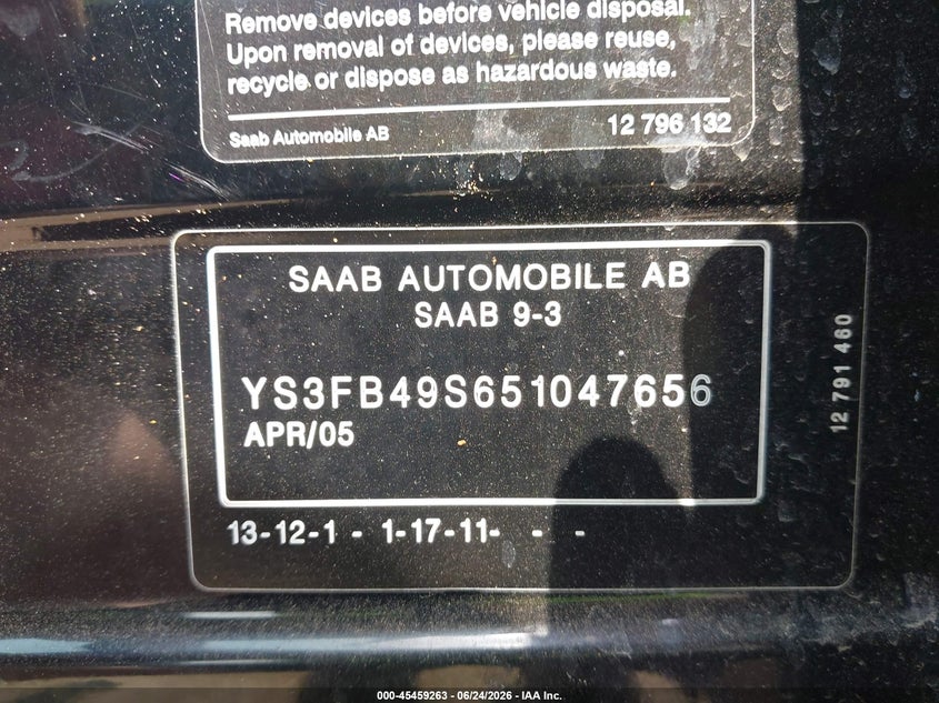 2005 Saab 9-3 Linear VIN: YS3FB49S651047656 Lot: 45459263