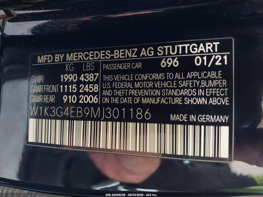2021 Mercedes-Benz A 220 VIN: W1K3G4EB9MJ301186 Lot: 45459339
