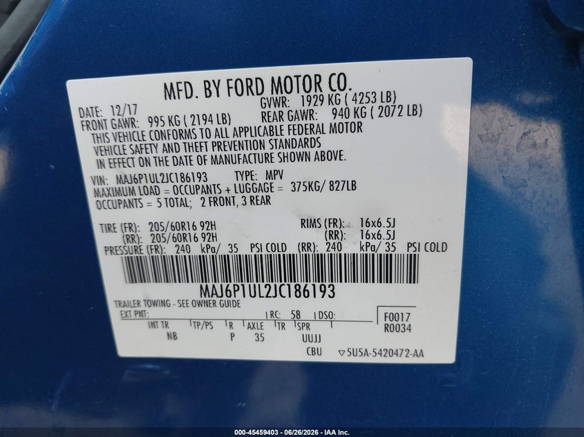 2018 Ford Ecosport Se VIN: MAJ6P1UL2JC186193 Lot: 45459403