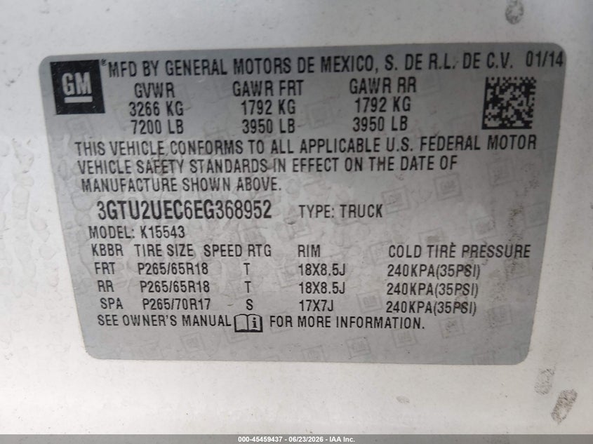 2014 GMC SIERRA TRUCK 5.3L V8 FI OHV 16V NF2