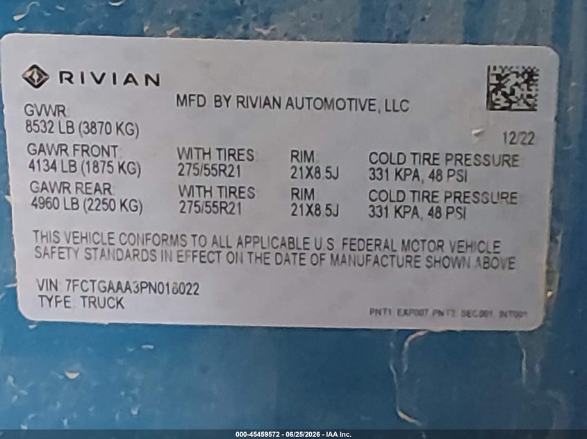 2023 Rivian R1T Adventure Quad Motor Large Pack VIN: 7FCTGAAA3PN018022 Lot: 45459572