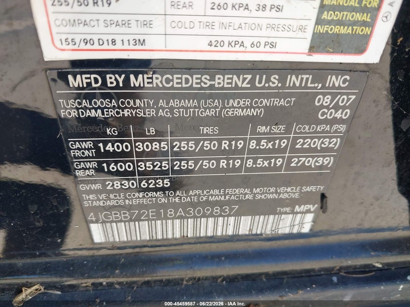 2008 Mercedes-Benz M-Class 5.5L VIN: 4JGBB72E18A309837 Lot: 45459587