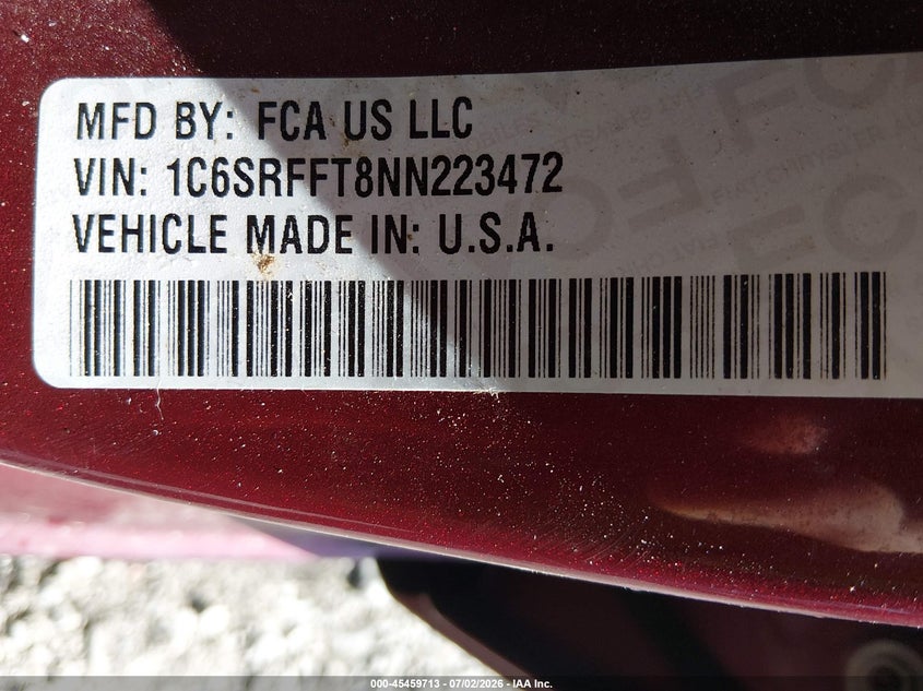 RAM 1500 2022 VIN 1C6SRFFT8NN223472