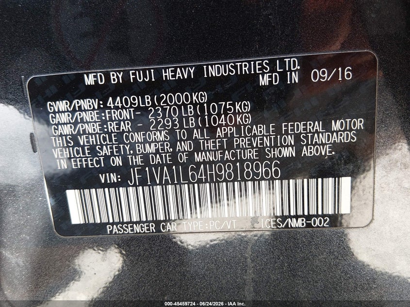 2017 Subaru Wrx Limited VIN: JF1VA1L64H9818966 Lot: 45459724