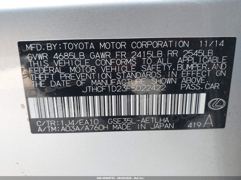 LEXUS IS 250 2015 VIN JTHCF1D23F5022422