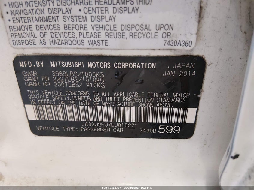 2014 Mitsubishi Lancer Es VIN: JA32U2FU7EU018271 Lot: 45459757