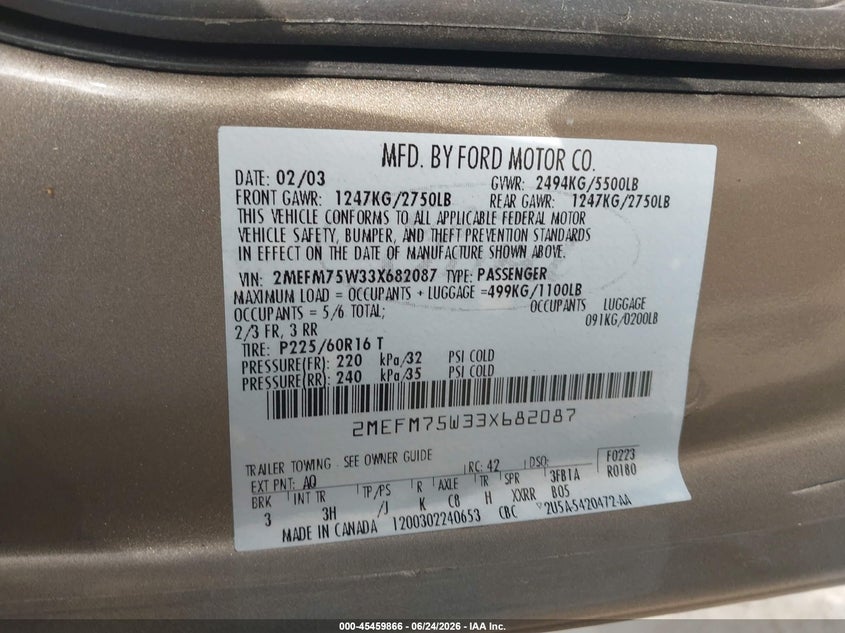 2003 Mercury Grand Marquis Ls VIN: 2MEFM75W33X682087 Lot: 45459866