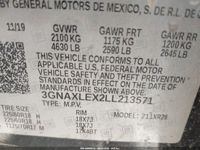 2020 CHEVROLET EQUINOX SPORT UTILITY VEHICLE 2.0L I-4 DI, DOHC, VVT, TURBO, 252HP