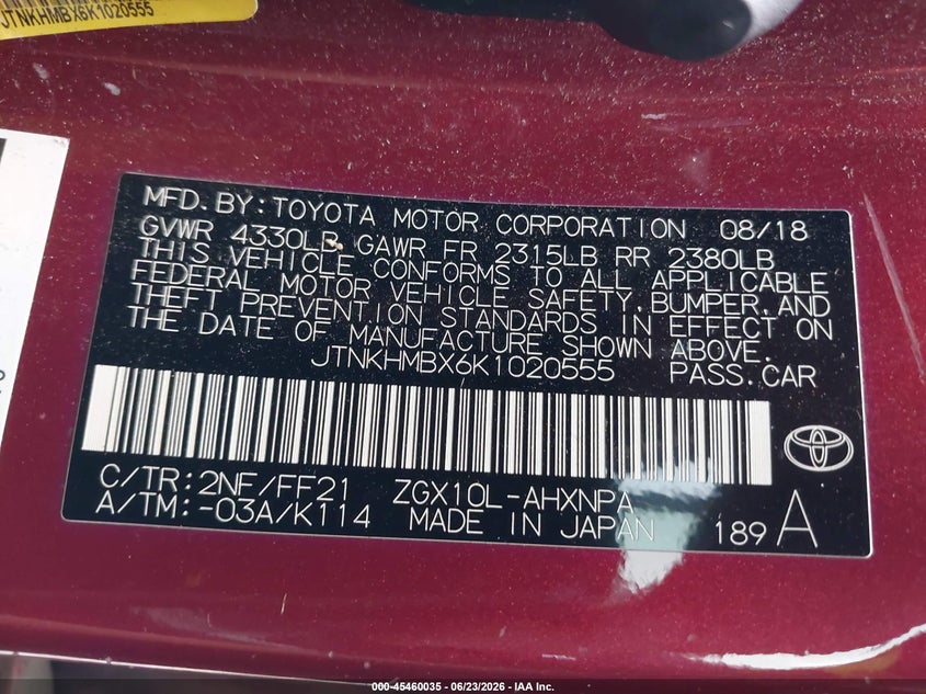 2019 Toyota C-Hr Xle VIN: JTNKHMBX6K1020555 Lot: 45460035