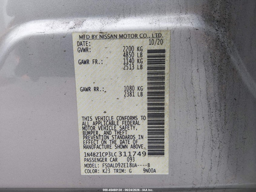 2020 Nissan Leaf Sv Plus 62 Kwh VIN: 1N4BZ1CP3LC311749 Lot: 45460138