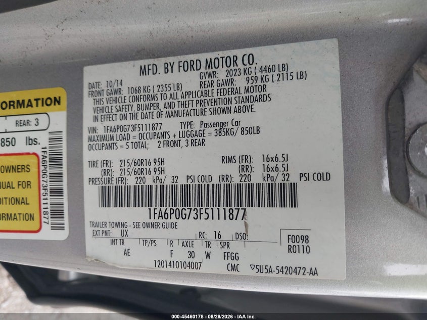 FORD FUSION 2015 VIN 1FA6P0G73F5111877